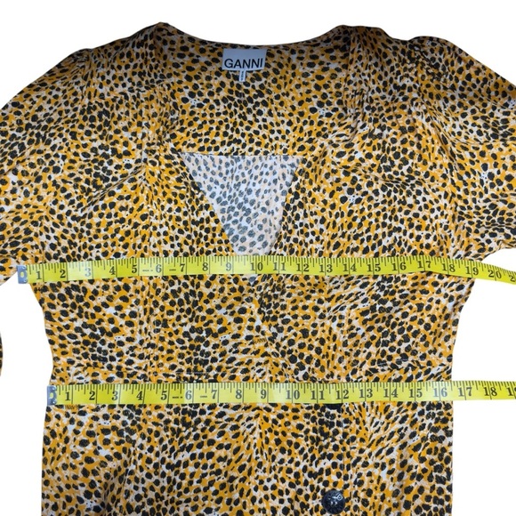 Ganni Wrap-effect Yellow Leopard Print Crepe Buttoned Midi Dress Long Sleeve 42 - Picture 12 of 16